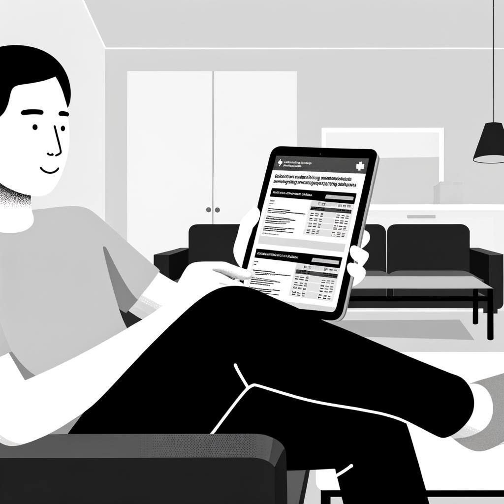 A 2d, black and white illustration of a person sitting on a sofa, comfortably holding a tablet